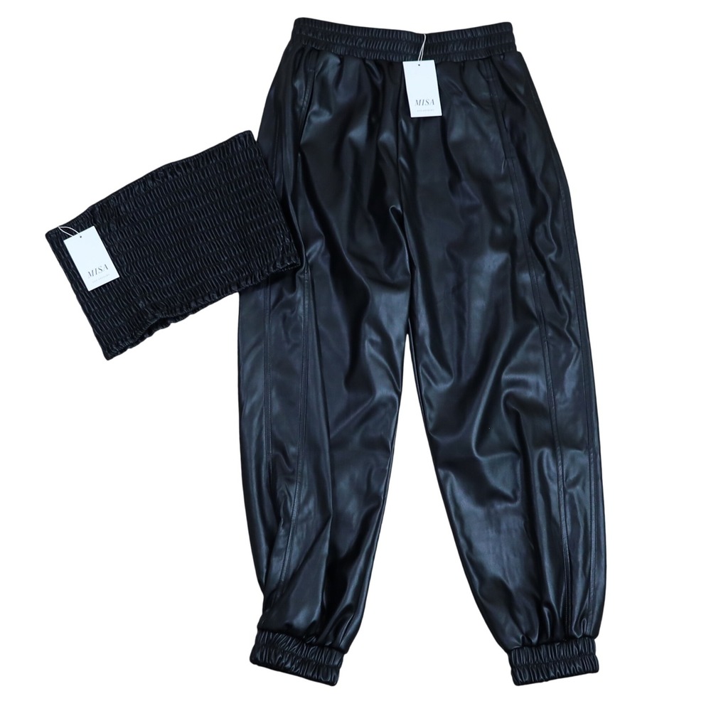 MISA Los Angeles Kasta Pants Joggers Tube Top Set Women M Black Faux Leather NWT - Picture 3 of 15